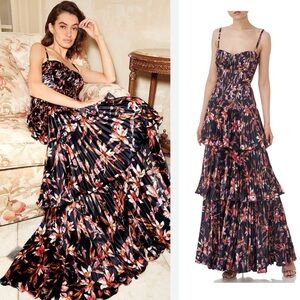 Amur Londyn Pleated Tiered Gown In Island Floral Maxi Dress Size 0/ XS